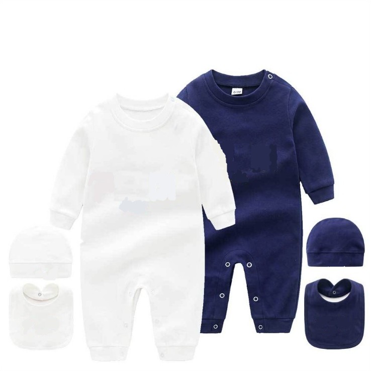 

2021 3PCS Sets Spring Autumn Baby Long Sleeve Rompers Cotton Toddler FDI Jumpsuit Romper+Bib+Hat Kids Onesies Infant Romper Children Clothes, Blue