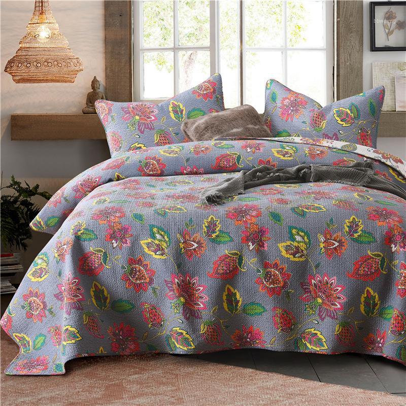 

American Flowers Bedspread Print Quilt Set 3PCS Quilted Bedding Cotton Quilts Blanket Bed Cover AB side  Queen Size Coverlet1, Gray