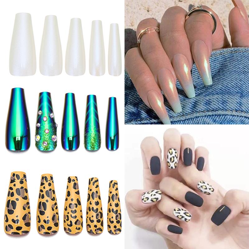 

24Pcs Long Ballerina Full Cover False Nail Tips DIY UV Gel Acrylic Shiny Extension Tool Press on Nail With Rhinestones French, Green-leopard