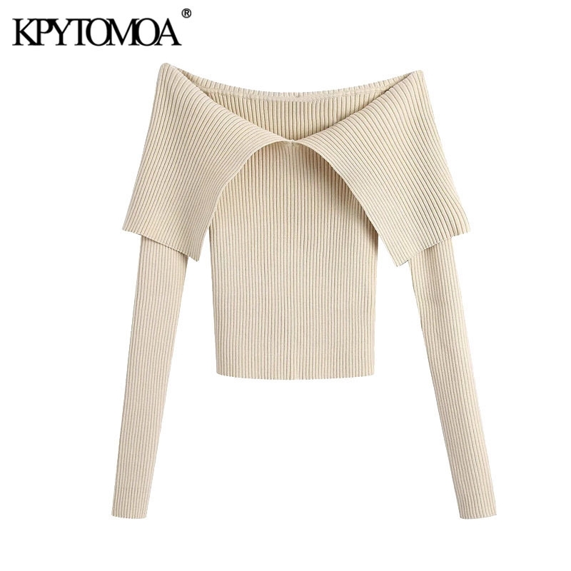 

KPYTOMOA Women Fashion With Exposed Shoulders Fitted Knitted Sweater Vintage V Neck Long Sleeve Female Pullovers Chic Tops 201111, As picture