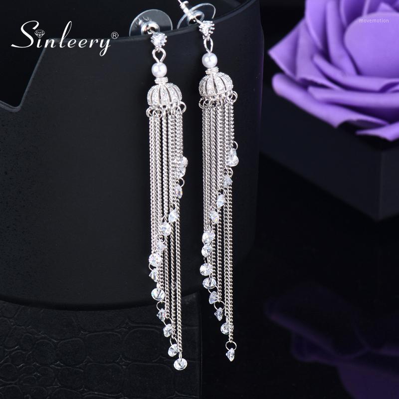 

SINLEERY Gorgeous Round Cubic Zirconia Long Tassels Earrings Women Earring Luxury Jewelry Accessories CZ075 SSH1