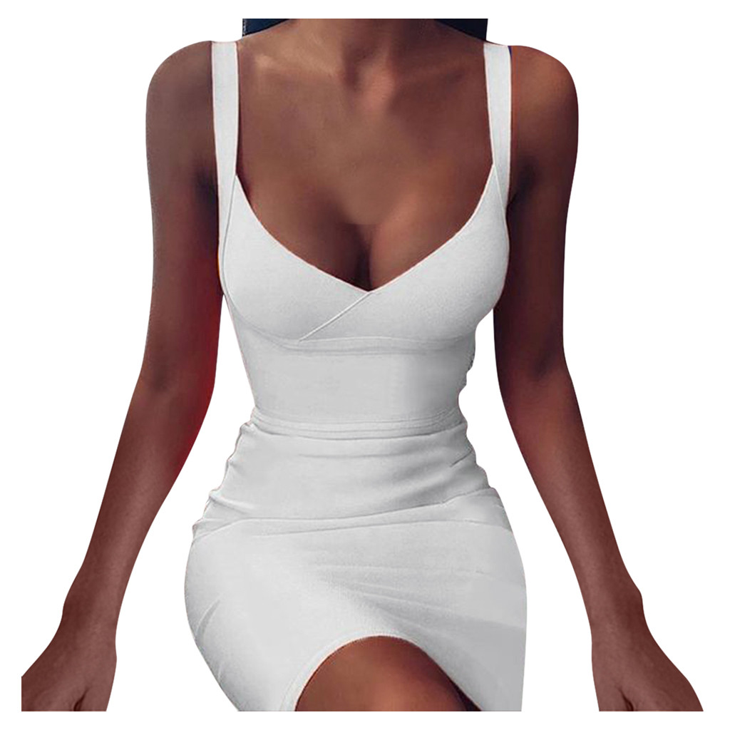 Women Sexy Solid V Neck Sleeveless Clubwear Bodycon Mini Dress Women Casual Holiday Summer Dress-image-597844547