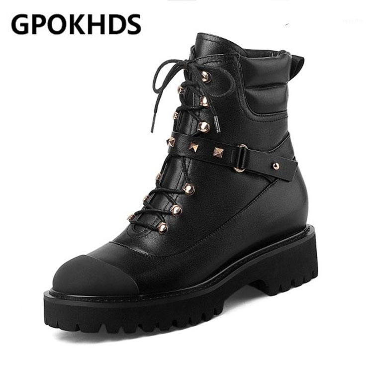 

GPOKHDS 2021 women ankle boots Cow leather winter short plush lace up rivet round toe high heels equestrian boots party dress1, Black
