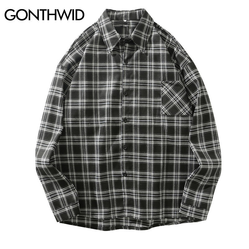 

Harajuku Front Pocket Long Sleeve Plaid Shirts Men Fashion Casual Dress Shirts Coat Hip Hop Streetwear Shirt Tops Male, Blue