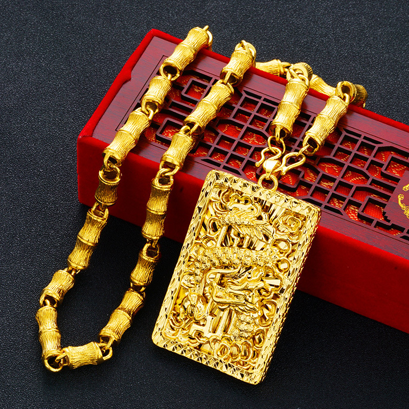 

Fashion Domineering Mens Vietnam Placer Gold Dragon Pattern Tag Imitation 24K Gold Bamboo Necklace WeChat Business One Piece Dropshipping