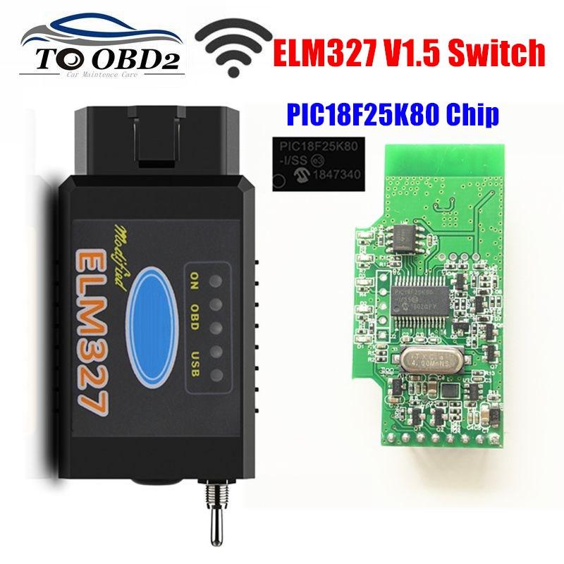 

HS-CAN/MS-CAN ELM327 V1.5 Switch PIC18F25K80 Chip support Bluetooth/WIFI ELM 327 For FORScan OBD2 Car Diagnostic Scanner