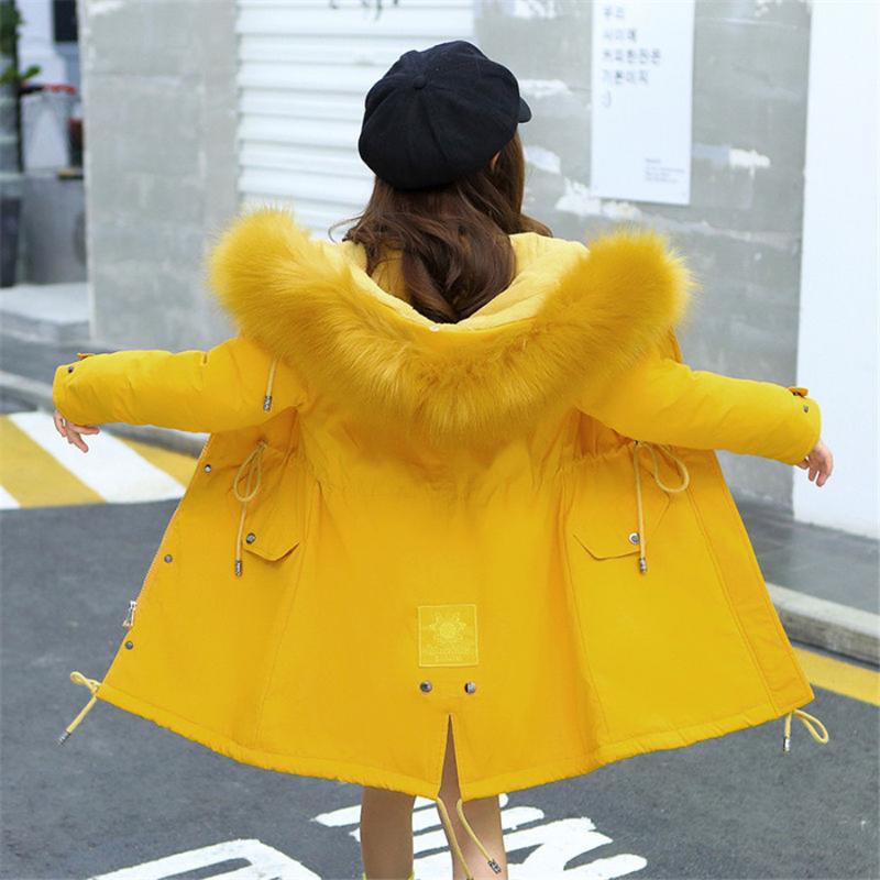 

Children's Coat Outwear Winter Fur Hoodies Jacket For Girls Teenage Warm Hooded Thick Cotton-Padded Long Solid Coat 6 8 10 12 14, As picture