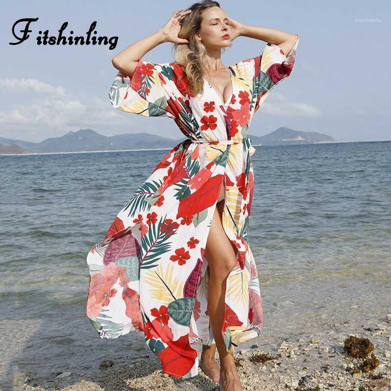 

Fitshinling Flower Print Beach Kimono Swimwear Summer Split Slim Sexy Cover-Up With Sashes Holiday Boho Long Cardigan Women New1