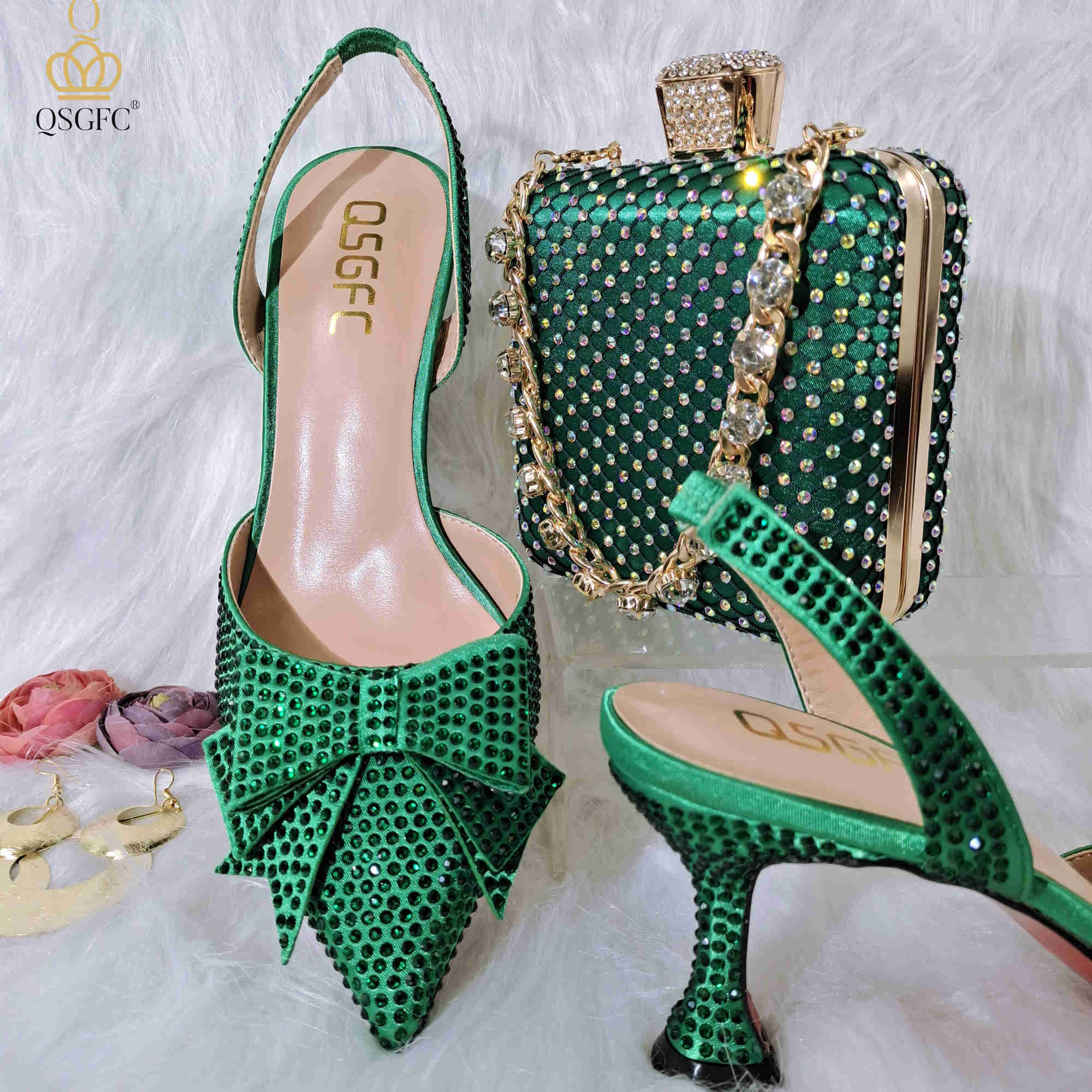 

Paris Designer green color crystal decoration style wine glass heel friends shoes party Nigerian fashion ladies and bag for Famous brand TopSelling, Black