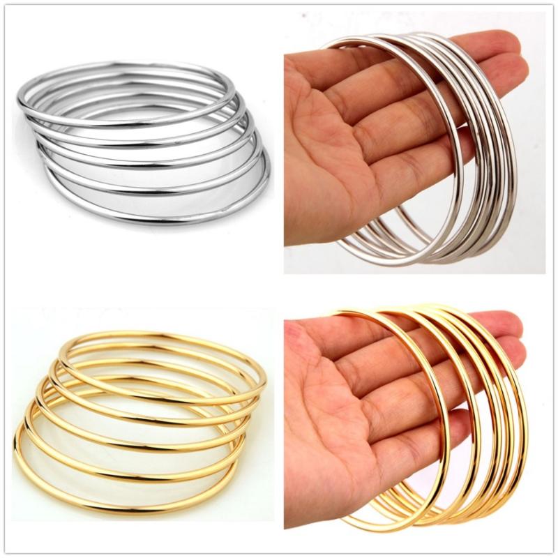 

5pcs/Set Fashion Jewelry Stainless Steel Silver Color Gold Color Round Bangle Girl Women Bracelet Christmas Gift Inner Dia 68mm