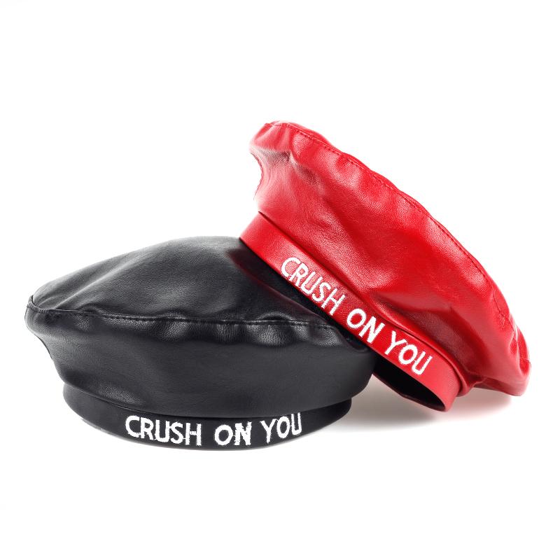 

VORON elegant Women Faux Leather Berets CRUSH ON YOU letters printing Autumn Winter Solid Color PU Leather Winter Cap Female, Black