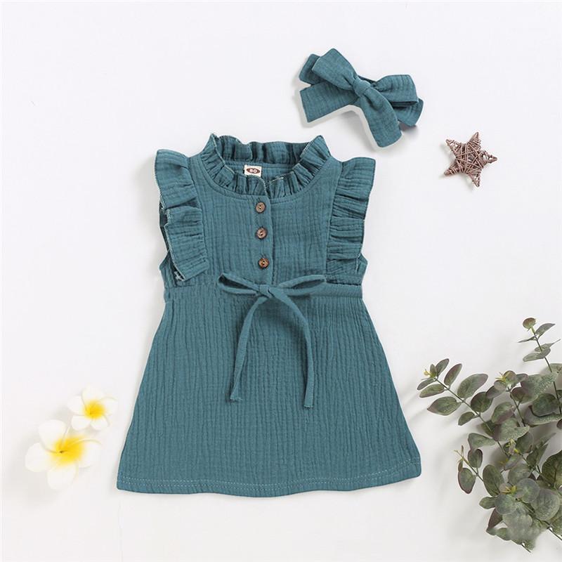 

New Baby Girls Suits Summer Linen Cotton Kids Clothing Set Button Ruffle Newborn Dress+Headband Outfits Toddler Dress1, Green