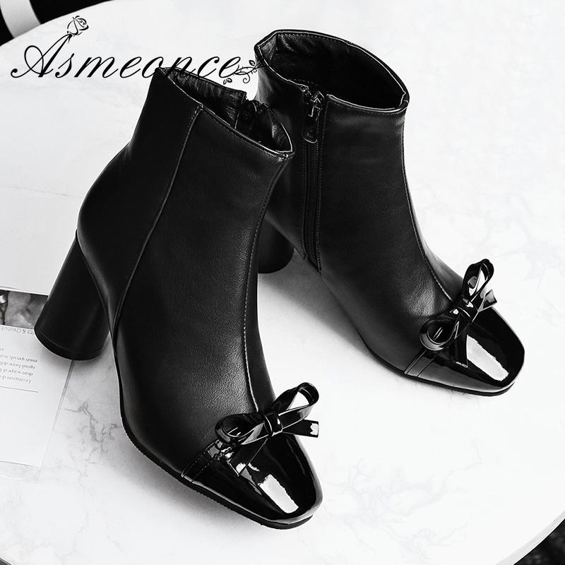 

Woman Ankle Boots Thick Round High Heels Cute Bow Leather or Scrub Sweet Lady Short Boots Warm Winter Women Shoes Big Size 34-45, Black(short plush)