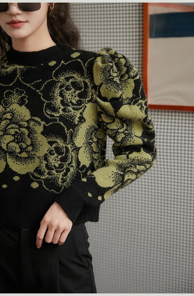 

Pullover Knitted Ladies Jumpers Winter Korean Fashion Clothing Puff Sleeve Cropped Sweater Women Black Floral Print, As pic