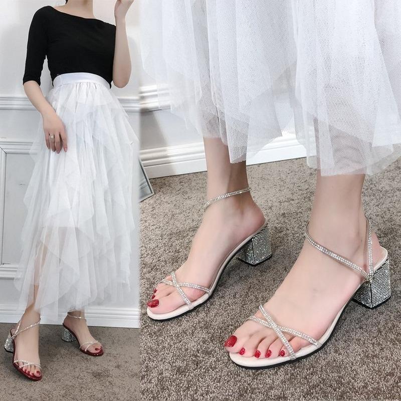 

2021 New Summer Sandals Women Shoes Woman Square High Heels Casual Shoes Solid Crystal Shine Bling Cross Tie Sexy Ladies1, Black