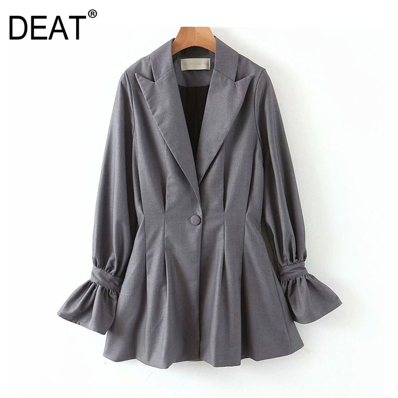 

[DEAT] Women pleated single button Blazer New Lapel Long lantern Sleeve Loose Fit Jacket Fashion Tide Spring Autumn 13T612 201114, Gray