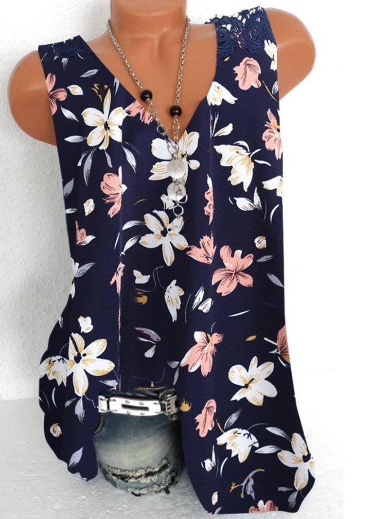 

Fashion printing large size women' T-shirt V-neck sleeveless lace vest ladies T-shirt tops women, Black