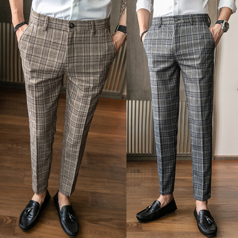 

British Style 2021 New Brown Classic Plaid Suit Men Slim Fit Business Casual Office Work Pant Trousers Hgv9, Black gray