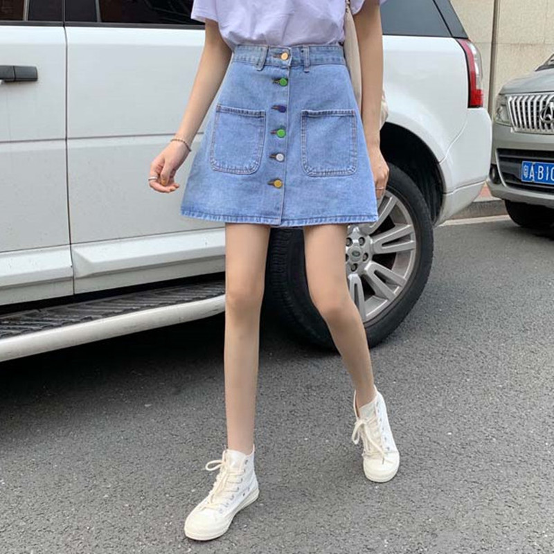 

2021 New blue light a denim line for woman colored summer button waist mini jeans skirt (f6659 0SAO