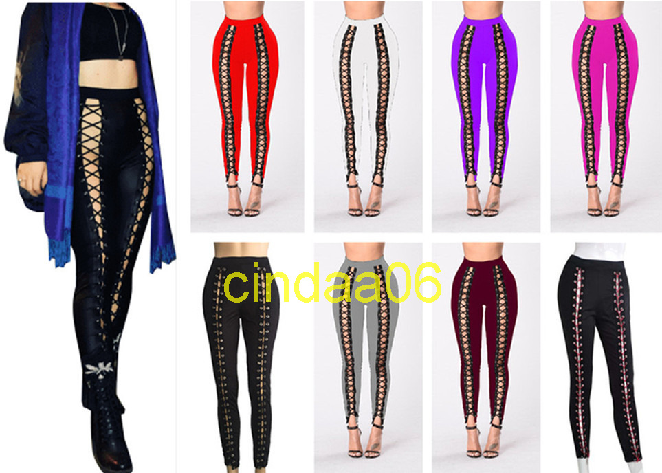 

Europe and America Autumn And Winter New women's sexy corny bandage for slim fit and Leggings fashion Solid color Hollow out trousers, Purple
