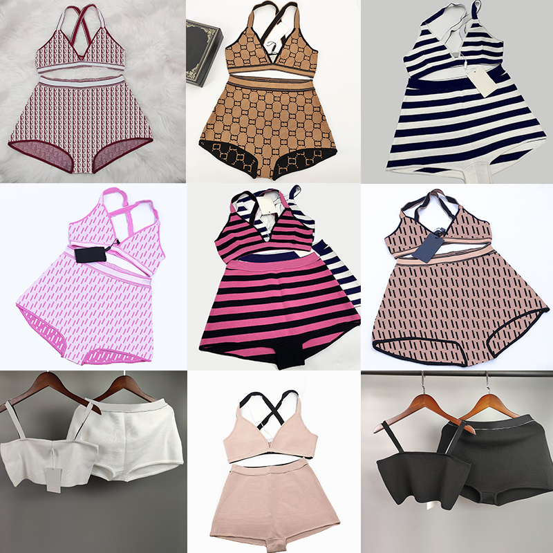 

Stylish Letter Knitted Swimsuit Seaside Cross Strap Beachwear Textile Women Summer Knitting Elastic Split Bikini Set, As pic