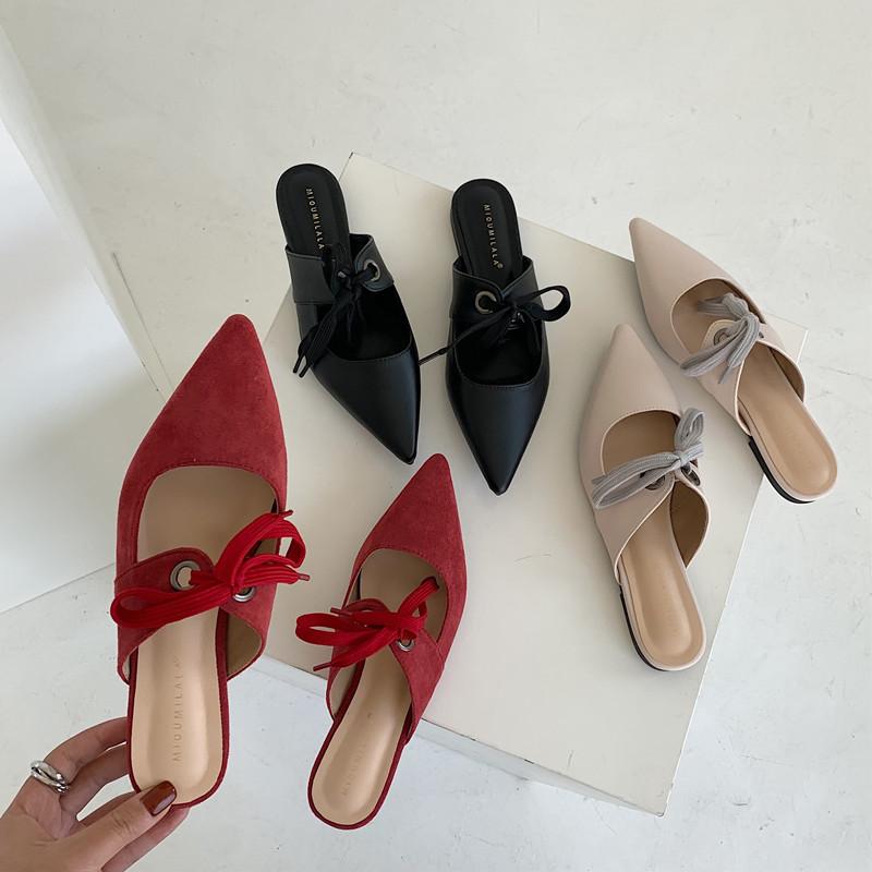 

DXFAN Lace up Knotted Women Mules Sexy Pointed Toe Flat Outdoor Slippers Women Elegant Solid Ladies Slides Shoes, Black
