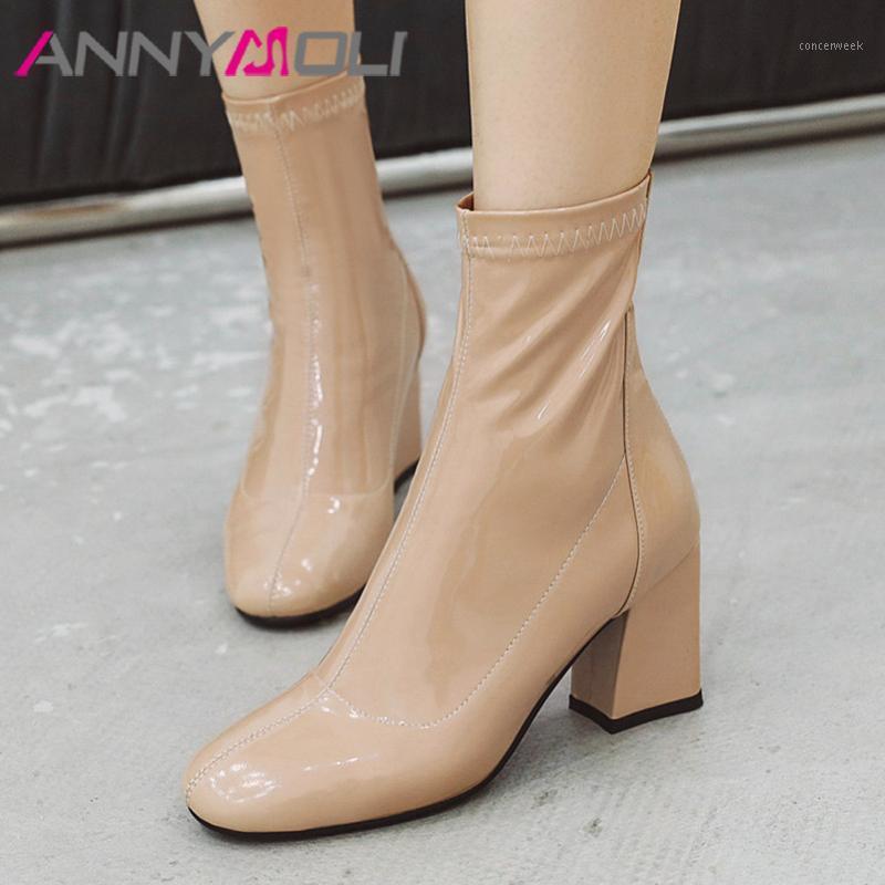 

ANNYMOLI Women Short Boots Shoes Zipper High Heel Ankle Boots Round Toe Block Heels Female Winter Black Beige Big Size 461