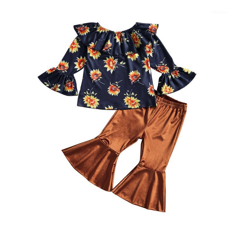 

Kids Baby Girls 2-piece Outfit Set Flare Sleeve Floral Print Tops+Flared Pants Set for Children Girls1, As pic