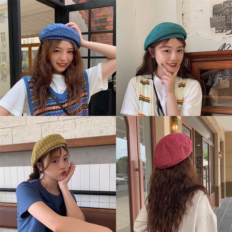 

Berets SQTEIO Autumn Beret Octagonal Hat Plaid Female Cute Painter, White