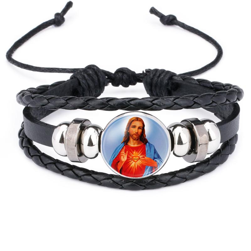 

Christian Catholicism Religion Pilgrimage Jesus Our Lady Glass Leather Bracelets Men Women Multi Layer Punk Bracelet Bangles