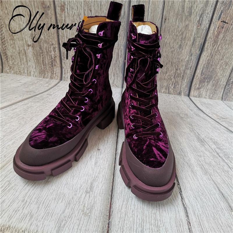 

OllyMurs New Fashion Black Women Boots Round Toe Lace Up Thick Mid Heel Women Autumn Winter Motorcycle Boots Shoes Woman, Leather inside