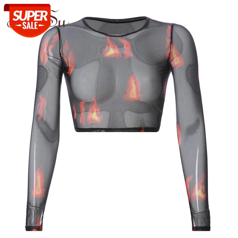 

ArtSu Black Flame Printed Tshirt Mesh Long Sleeve Crop Top Sexy Transparent T-shirt 2019 Streetwear Tee Shirt Femme ASTS20832 #hk5L, White