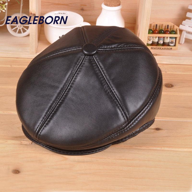 

2020 Fashion Leather Beret Men Keep Warm Caps Old Man Winter Hats with Earflaps Man Cap Good Quality Dad hat sheepskin, Black 56cm