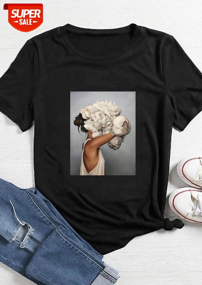 

Aesthetics Sexy Flowers Feather Print Harajuku Tops Tees New Summer Fashion #Xr9P, White