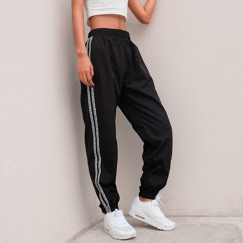 

HOUZHOU Fashion Side Stripe Letter Sweat Pants Women Summer High Waist Streetwear Cargo Jogger Harajuku Sweatpants 201031, Black