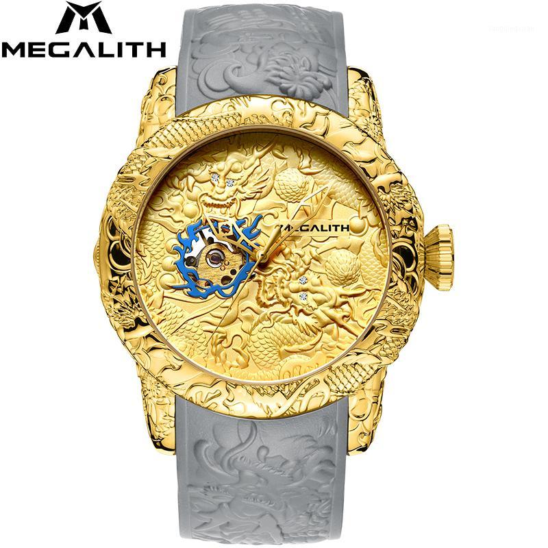 

Wristwatches MEGALITH Gold Dragon Sculpture Automatic Mechanical Watches Men Waterproof Silicone Strap Wrist Watch Male Clock Erkek Kol Saat, Black rubber