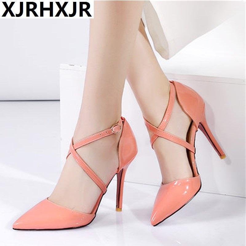 

2021 New Fashion Brand Candy Color Women High Heels Pointed Toe Cross Strap Pumps Ankle Strap High Heel Shoes Buckle Size 31-471, Black