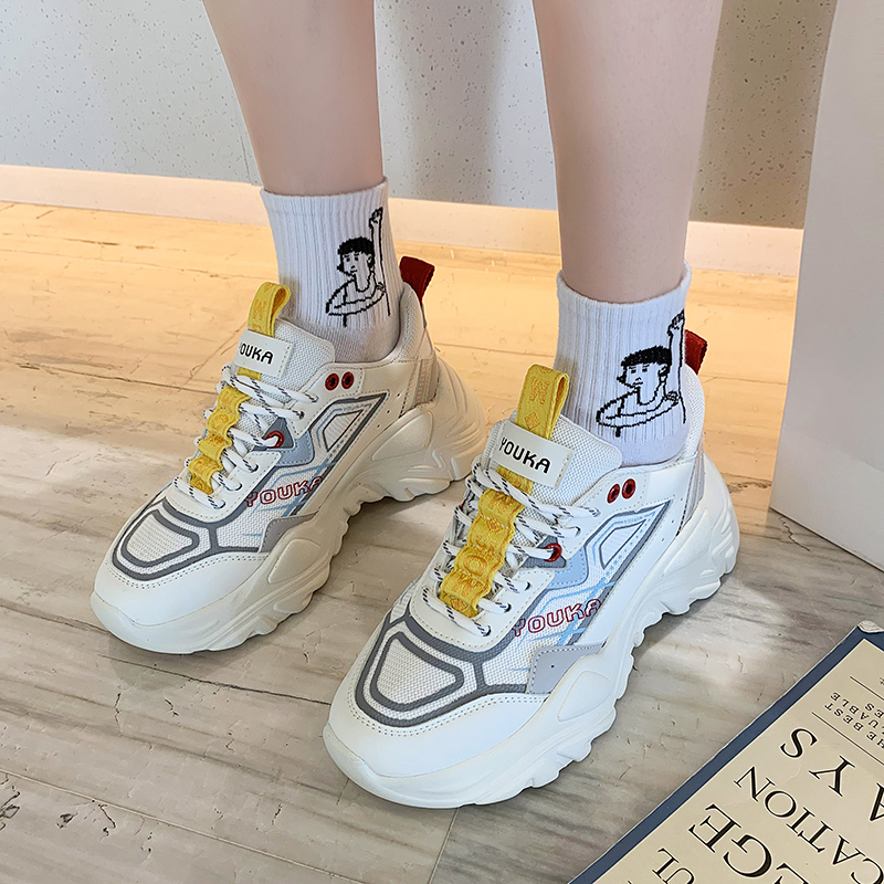 

2021 The New Breathable Knit High Platform Beige White Lace Up to Vulcan Thick Women's Running Shoes Juxw