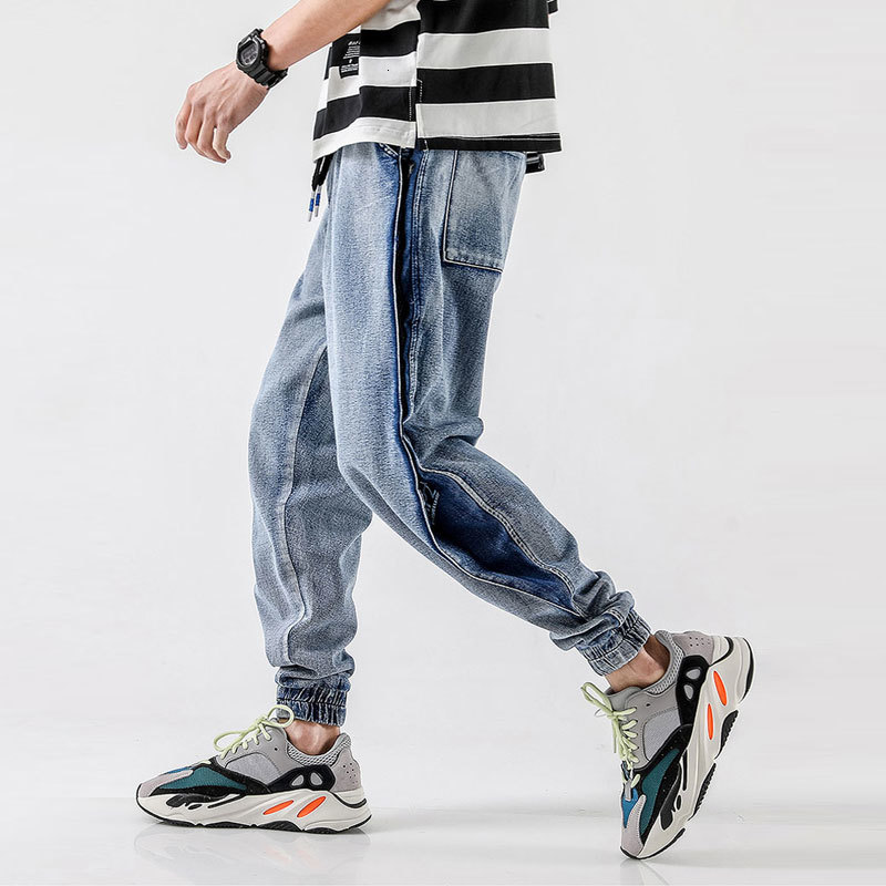 

2021 New Fashion Streetwear Loose Fit Blue Slack Bottom Printed Designer Cargo Hip Hop Jeans Men Joggers Harem Pants Oxq0