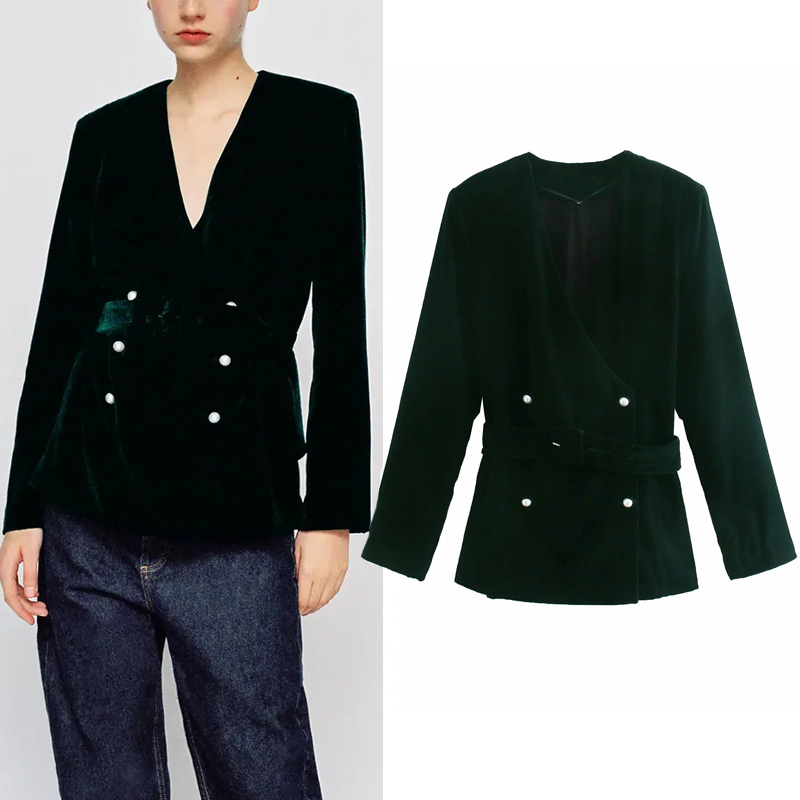 

2021 New Top Women Autumn Bottle Green Long Sleeve Velvet Blouse Woman Tied Belt Double Breasted Office Ladies Elegant Tops Jkub, Dark green