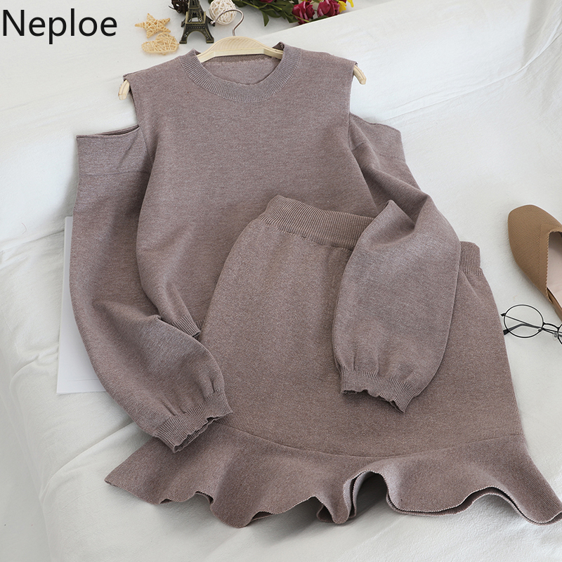 

Neploe Autumn New Korean Knitting Suit Long Sleeve Strapless Pullover Sweater + Ruffles Mini Skirt Women Fashion Sets 55886 201130, Blue