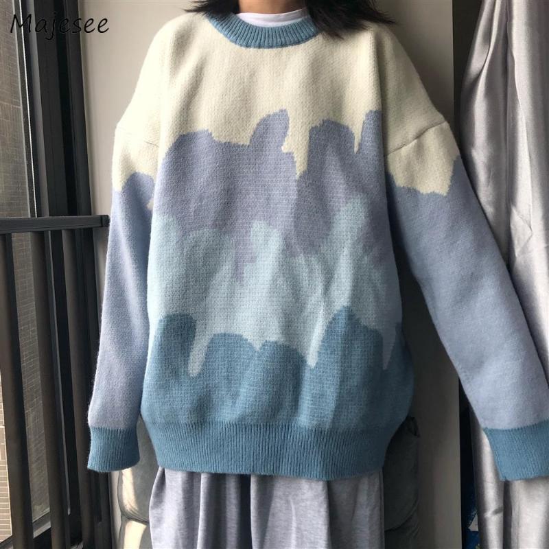 

Pullover Sweater Womens Harajuku Loose Leisure Trendy Bf O-neck Long Sleeve Preppy Style Patchwork Korean Female Jumper Popular, Blue