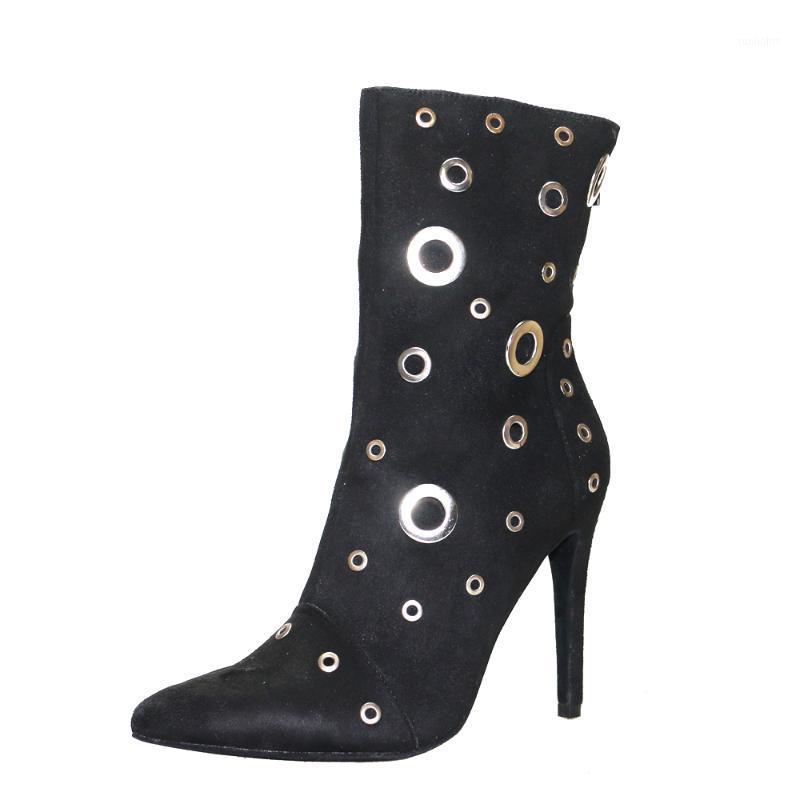 

Women Shoes 2020 New Cool Motorcycle Style Woman Ankle Boots Fashion Punk Metal Decoration Pointed Toe High Heel Zip Shoes1, Black