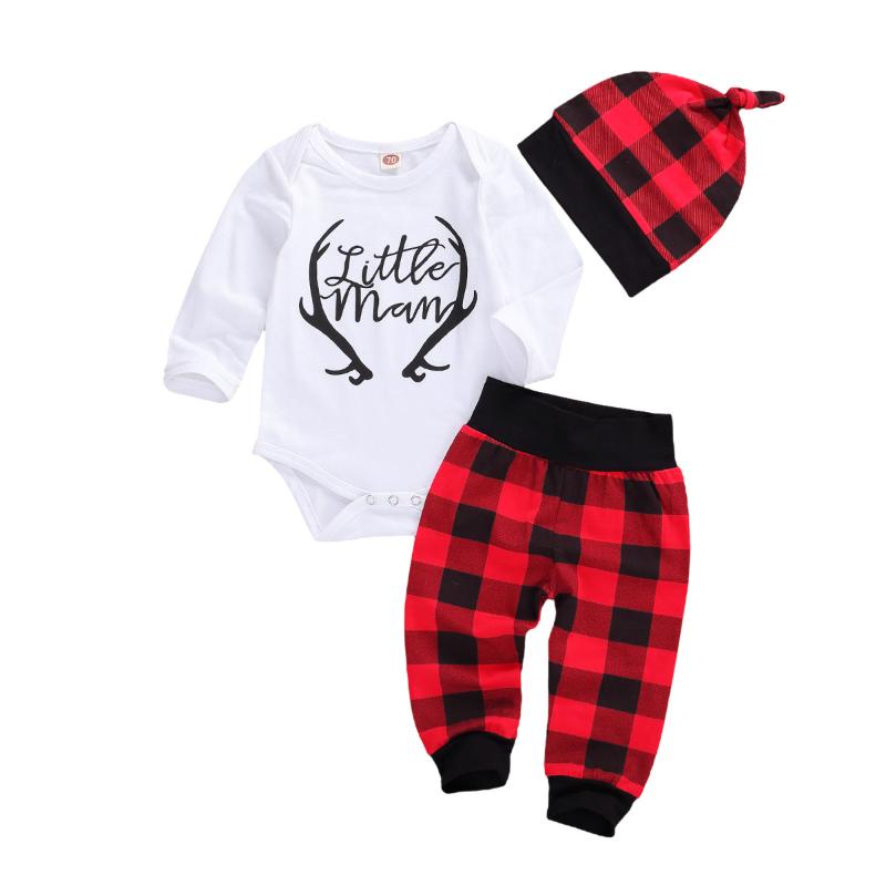 

2020 Infant Boys Girls 3Pcs Casual Clothes Sets Newborn Long Sleeve Cartoon Letter Printed Romper Top + Plaid Pants + Hat 0-18M, As pic