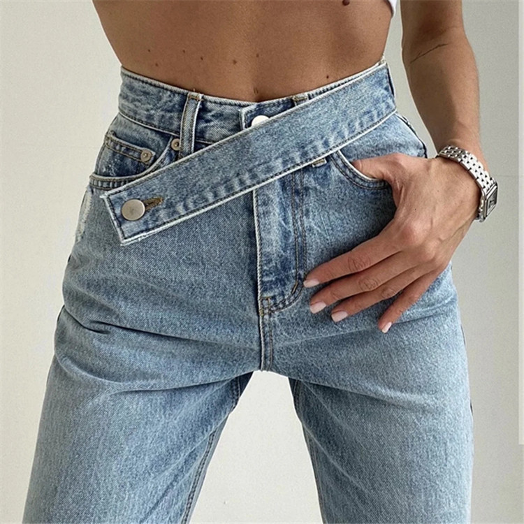 

2021 New 21 Year Jeans Women's Autumn Winter Straight Mop Bf High Waist Inclined Belt Loose Wide Leg Pants 03xi, See chart