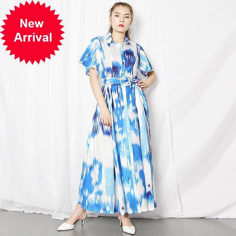 

High 2021 New Quality Party Clothes Summer New Women's Fashions Single-breasted Tie-dye Printed Waist Dress Long with Belt 7TBK, Blue