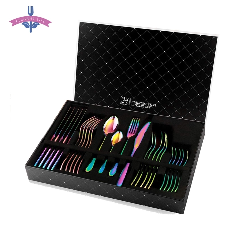 

24 PCS Rainbow Tableware Non-fading Flatware Set Cutlery Stainless Steel Dinnerware Set Colorful Hotel Party Kitchen Gift Box 201118