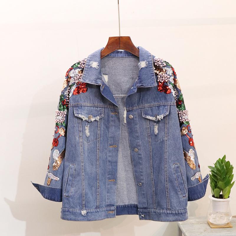 

Women's Jackets Beading Sequin Denim Jacket Coat Women 2021 Spring Autumn Jeans Outwear Big Size Loose Basic Korean Vintage, Blue