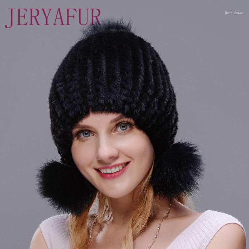

Women Winter hats New Knitted Hats Genuine Mink Cap With Fur Pom Poms New Female Real Fur Bomber Hat For Women1, Coloer2