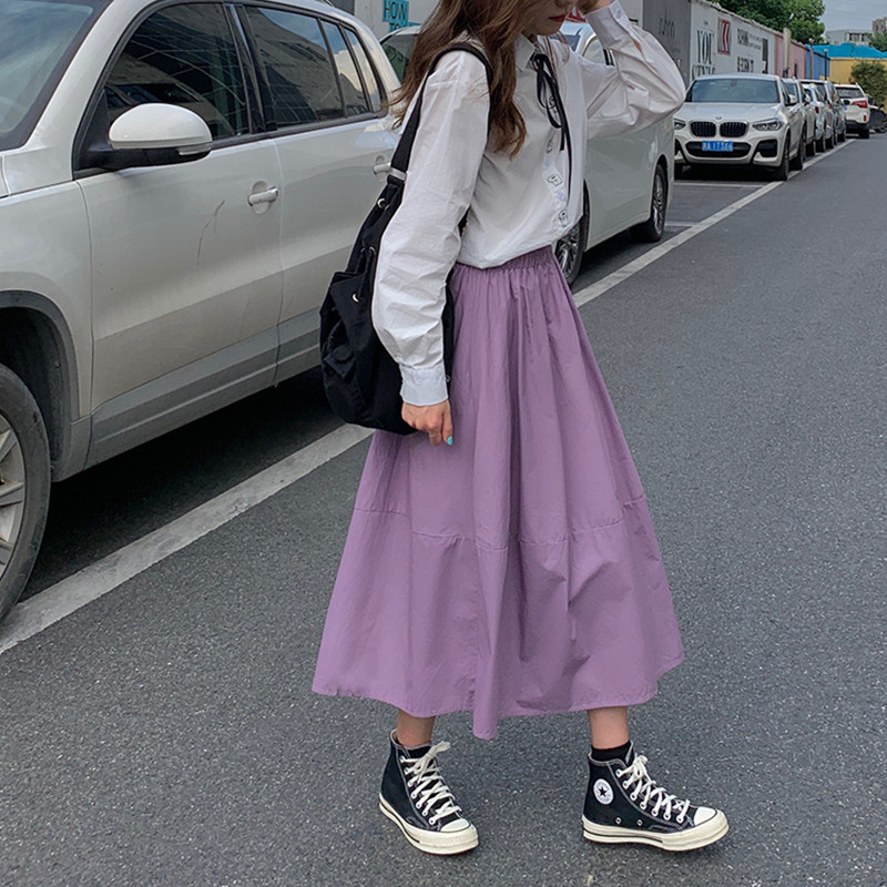 

2021 New 3 colours midi skirt color long female sweet girl style elastic waistline women's skirts (f4062) SK59, Black